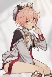 boy cute dahlia_(genshin_impact) fang femboy genshin_impact girly girly_boy hat hoyoverse male male_only mihoyo not_porn pink_hair purple_eyes tagme thigh_strap thighs tongue tongue_out twink