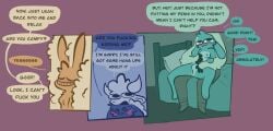 absurd_res anthro bed blush bovid caprine clothed clothed_male clothing comic dialogue duo female furniture genitals hi_res lagomorph male male/female mammal nude nude_female on_lap relaxing resting_on_partner restricted_palette saffron_(unicorn_blood) sheep simple_background sitting_on_lap speech_bubble tulip_(unicorn_blood) vanilla_candy