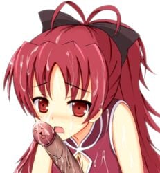 cum cum_on_face fellatio female hair hairbow mahou_shoujo_madoka_magica oral penis ponytail red_eyes red_hair sakura_kyouko soul_gem tied_hair