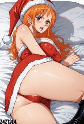 ai_generated alluring ass big_ass big_breasts black_eyes blush breasts christmas christmas_clothing christmas_hat christmas_headwear christmas_outfit cleavage earrings female female_only femaleseduction long_hair looking_at_viewer naked nami nami_(one_piece) nude one_piece orange_hair red_outfit revealing_clothes santa santa_hat santa_outfit seductive seductive_body seductive_eyes short_dress teasing z4zt3l4