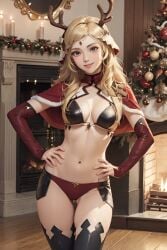 ai_generated blonde_hair christmas fire_emblem fire_emblem_fates looking_at_viewer medium_breasts ophelia_(fire_emblem) santa_costume santa_hat smile white_skin