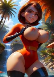 ai_generated big_breasts breasts_out erect_nipples gloves helen_parr holding_breasts latex_bodysuit latex_boots the_incredibles thighs