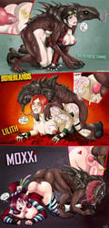 3girls 3monsters all_fours anal anal_knotting anal_sex anus areola_slip areolae ass_to_ass balls balls_deep borderlands breasts canine canine_penis cum cum_in_ass cum_inside doggy_style english_text erect_nipples erection female feral_on_female from_behind fucked_silly heart human humanoid interspecies knot knotted knotting large_breasts lilith_(borderlands) mad_moxxi male monster mounted nipple_piercing nipple_slip nipples nude panties_around_leg patricia_tannis penetration penis pussy pussy_juice runny_makeup sex shadman short_hair siren_(borderlands) skag squirt tattoo text top-down_bottom-up zoophilia