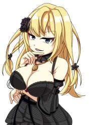 1girl altea_aquila_(jain_no_ikenie) bare_shoulders black_dress black_flower blonde_hair blue_eyes breasts cleavage dress flower gold_necklace hair_flower hair_ornament highres huge_breasts jain_no_ikenie jewelry long_hair naughty_face necklace notogoro open_mouth simple_background smile solo upper_body white_background