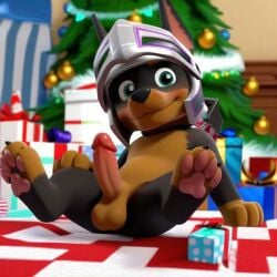 1boy ai_generated anthro balls christmas christmas_background christmas_decorations christmas_hat christmas_presents christmas_tree claw_(paw_patrol) doberman dog_collar green_eyes luxeraora10 male male_only paw_patrol penis solo_male tensor_art