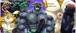 abs anthro anthro_only anus ass balls benjamin_clawhauser big_ass big_butt bovid bovine brown_eyes butt chest_hair chief_bogo claws disney erection fur gay genitals horns male male_focus male_only maloba muscles muscular muscular_anthro muscular_male nipples partially_clothed pecs pectorals precum precum_bubble pubes sweat sweatdrop sweating sweaty tail testicles text zootopia zootopia+