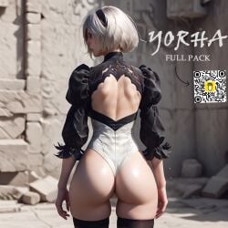 ai_generated ass ass_focus back_view big_butt panties promotional_art thick_ass thick_thighs white_hair yorha_2b yorha_9s