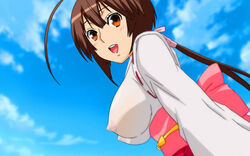 1girls big_breasts brown_hair clothing erect_nipples erect_nipples_under_clothes female female_only female_solo large_breasts light-skinned_female light_skin musubi nontraditional_miko only_female open_mouth orange_eyes pointy_chin see-through_clothing see_through sekirei smile solo solo_female tagme