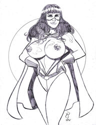 dc exposed_breasts large_breasts long_hair looking_at_viewer michael_powell monochrome nipples phantom_lady_(dc) posing sketch smile stormy_knight