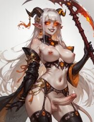 1futa ai_generated big_breasts big_penis demon_girl demon_horns dickgirl erection esendor futanari glowing long_hair pierced_nipples scythe smug solo stable_diffusion succubus testicles white_hair