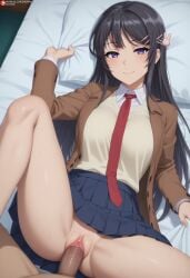 1boy 1girls ai_generated airiakane bare_thighs big_breasts big_penis black_hair blush brown-skinned_male huge_breasts huge_cock huge_thighs light-skinned_female light_skin long_hair looking_at_viewer massive_breasts missionary_position nai_diffusion nude nude_male penis purple_eyes sakurajima_mai school_uniform schoolgirl seishun_buta_yarou_wa_bunny_girl_senpai_no_yume_wo_minai sex smiling squatting sweat sweatdrop thick_body thick_female thick_thighs thighhighs thighs vaginal_penetration veiny_penis voluptuous voluptuous_female