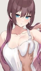 blue_eyes blush boob_grab hand_on_breast katzchen maroon_hair medium_breasts no_bra squeezing_breast