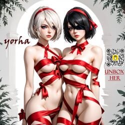 ai_generated christmas dark_hair naked naked_female ribbon ribbon_bondage ribbons white_hair yorha_2b yorha_9s