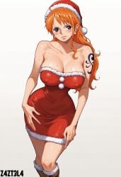 ai_generated alluring ass big_ass big_breasts black_eyes blush breasts christmas christmas_clothing christmas_hat christmas_headwear christmas_outfit cleavage earrings female female_only femaleseduction long_hair looking_at_viewer naked nami nami_(one_piece) nude one_piece orange_hair red_outfit revealing_clothes santa santa_hat santa_outfit seductive seductive_body seductive_eyes short_dress teasing z4zt3l4