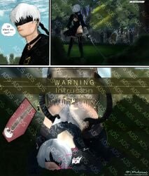 ass bent_over big_cock boots clothes cum cum_in_pussy ejaculation english_text erection nier nier:_automata non-con ntr penis ripped_clothing robot sex skirt sweat sweat_drop thighhighs thought_bubble vaginal_penetration x-ray yorha_2b yorha_9s