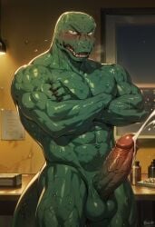 1boy 1male 8k abs ai_generated anthro balls bara beastars big_penis blush colored_skin completely_nude completely_nude_male crossed_arms cum daddy detailed_background ejaculation erection feet_out_of_frame furry furry_male gay gosha_(beastars) grabbing_own_breast green_body green_skin hd hi_res large_pectorals large_penis looking_at_viewer male male_focus male_masturbation male_only masturbating masturbation mature mature_anthro mature_male monster monster_boy muscular muscular_anthro muscular_male navel nipples nude nudity pectorals penis posing projectile_cum reptile scales scalie solo stomach sweat teeth testicles thick_thighs thighs uncensored veins veiny_penis