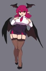 1girls bat_wings big_breasts black_legwear collar color hands_on_breasts head_wings koakuma looking_at_viewer miniskirt necktie open_mouth pixel_art pointy_ears red_eyes red_hair shoes short_hair sideboob smile standing takorin thick_thighs thighhighs touhou voluptuous voluptuous_female white_shirt wide_hips