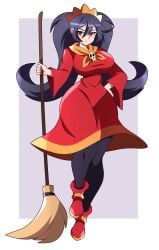 aged_up ashley_(warioware) big_breasts black_hair broom long_hair red_dress red_eyes stockings thick_thighs twintails wide_hips witch