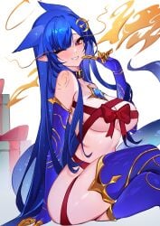 1girls blue_hair breasts christmas dragon_girl female female_only human human_only indie_virtual_youtuber long_hair looking_at_viewer no_bra no_sex no_underwear red_eyes solo_female thighs vienna_(vtuber) virtual_youtuber wraps