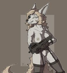 alexandrys anthro breasts canid canine clothing combat_gloves female fennec_fox fox garter_belt garter_straps genitals gun harness legwear mammal mofu_(lucky424) nipples one_eye_closed p90 pussy ranged_weapon solo stockings submachine_gun true_fox weapon wink