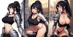 ai_generated armor black_hair breasts choker crop_top crying nipples open_mouth ponytail thong yellow_eyes