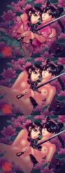 2girls black_hair breasts brown_hair chai_xianghua demon dvapara-yuga female female_only holding_hand nipples pink_nails sisters soul_calibur soulcalibur sword xianglian xue--xue