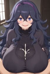 1boy 1girls ai_generated cum cum_on_breasts ejaculation ejaculation_between_breasts game_freak gigantic_breasts hairband hex_maniac huge_breasts light-skinned_female light_skin long_hair looking_at_viewer mak5555 massive_breasts nintendo nude nude_male paizuri paizuri_under_clothes pokemon pokemon_xy purple_eyes purple_hair smiling squatting sweat sweatdrop very_long_hair voluptuous voluptuous_female