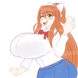 5_fingers big_breasts blue_skirt breasts commission commission_art doki_doki_literature_club green_eyes long_hair monika_(doki_doki_literature_club) sinfulberry skirt