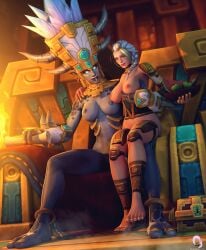 2girls 3d areolae big_breasts blizzard_entertainment breasts female female_only human jaina_proudmoore milf nipples nude princess_talanji throne troll_(warcraft) troll_female valnoressa warcraft world_of_warcraft yuri zandalari_troll