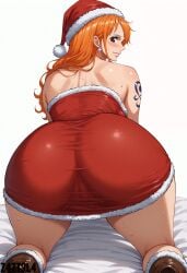 ai_generated alluring ass big_ass big_breasts black_eyes blush breasts christmas christmas_clothing christmas_hat christmas_headwear christmas_outfit cleavage earrings female female_only femaleseduction long_hair looking_at_viewer naked nami nami_(one_piece) nude one_piece orange_hair red_outfit revealing_clothes santa santa_hat santa_outfit seductive seductive_body seductive_eyes short_dress teasing z4zt3l4