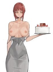 arms_out bangs breasts_out cake chainsaw_man dress female female_focus holding_object large_breasts makima_(chainsaw_man) navel nude partially_clothed red_hair ringed_eyes sidelocks simple_background solo solo_female solo_focus tagme tefiblum undressed yellow_eyes