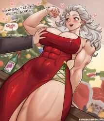 1boy 1girls abs ass big_ass big_breasts big_thighs blush breasts cheekie0 christmas christmas_clothing christmas_outfit christmas_tree dialogue dorohedoro dress female female_focus female_only gigantic_ass gigantic_thighs huge_ass huge_breasts huge_thighs long_hair male muscle_girl muscles muscular_female noi_(dorohedoro) open_mouth red_eyes tagme text thick_hips thick_thighs thighs white_hair