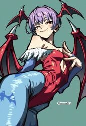 ass bare_shoulders bat_wings blush bodysuit darkstalkers demon demon_girl flat_chest gloves headgear komatsuki_n lilith_aensland purple_hair red_eyes smile succubus tagme thighs voluptuous white_skin wings