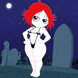 1girls ai_generated bat_bikini cemetery confident curvy freckles goth graveyard halloween hips looking_at_viewer micro_bikini moon night plump ruby_gloom ruby_gloom_(franchise) scantily_clad thick_thighs tombstone