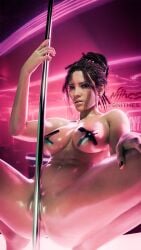 3d black_hair blender blender_cycles braided_hair cyberpunk cyberpunk_2077 exotic_dancer nightclub nithes panam_palmer pole_dancer pole_dancing solo_female solo_focus squatting strip_club stripper stripper_clothes stripper_pole stripping tape teasing teasing_viewer vagina