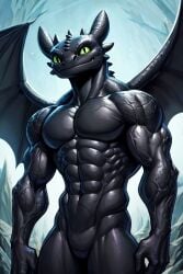 abs anthro biceps dragon featureless_chest featureless_crotch how_to_train_your_dragon male muscular muscular_anthro muscular_arms muscular_male navel night_fury nude pecs scalie solo toothless triceps western_dragon wings