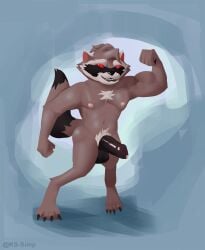 anthro balls belly brown_body brown_fur claws digitigrade flexing flexing_bicep fur genitals guardians_of_the_galaxy hi_res humanoid_genitalia ks_simp_(artist) looking_at_viewer male mammal marvel mohawk nipples penis procyonid raccoon red_eyes rocket_raccoon sharp_teeth short_stack solo tail teeth