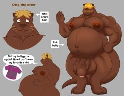 absurd_res anthro balls belly blonde_hair father_(lore) genitals hair hi_res male mammal muscular muscular_male mustelid navel nipples otter parent_(lore) pecs penis rub_lug solo tail vore