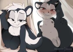 anthro areola biped black_body black_eyes black_fur black_tail blush breasts female fur genitals heart_eyes heart_symbol hi_res looney_tunes mammal mephitid mochii_tiger nipples pepe_le_pew presenting presenting_pussy pussy raised_leg rule_63 skunk small_breasts smile smiling_at_viewer solo tail teeth warner_brothers white_body white_fur