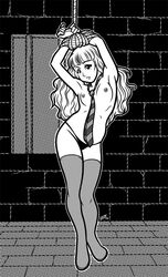 arms_up black_and_white bondage curvy harry_potter hermione_granger hips linno long_hair necktie nipples panties small_breasts socks standing tagme thighhighs tie tied_up tiptoes topless