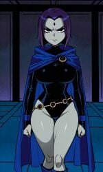ai_generated angry big_ass big_breasts cape curvy dc dc_comics female female_focus goth goth_girl leotard raven_(dc) rcos sexy solo solo_female solo_focus