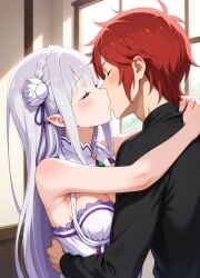 elf elf_ears emilia_(re:zero) hugging kissing long_hair re:zero_kara_hajimeru_isekai_seikatsu red_hair reinhard_van_astrea silver_hair