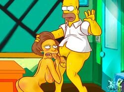 bottomless breasts chubby color edna_krabappel fellatio female homer_simpson human indoors insertion male nipples nude oral penis side_view straight the_simpsons xl-toons.com