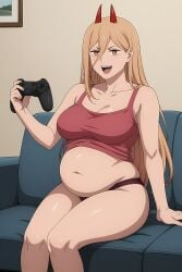 belly chainsaw_man chubby chubby_female couch crop_top fat game_controller panties power_(chainsaw_man)