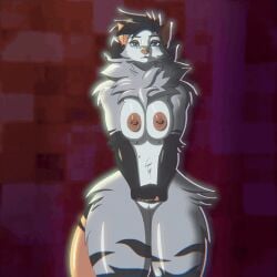 1:1 american_opossum animated anthro areola biped black_hair blopkid bouncing_breasts breasts curvy_figure dancing female front_view fur genitals grey_body grey_fur hair looking_at_viewer low_res mammal marsupial multicolored_body nipple_piercing nipples nude piercing pupils pussy simple_background solo thick_thighs voluptuous wide_hips