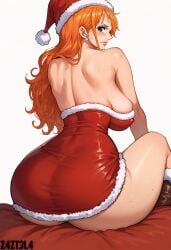 ai_generated alluring ass big_ass big_breasts black_eyes blush breasts christmas christmas_clothing christmas_hat christmas_headwear christmas_outfit cleavage earrings female female_only femaleseduction long_hair looking_at_viewer naked nami nami_(one_piece) nude one_piece orange_hair red_outfit revealing_clothes santa santa_hat santa_outfit seductive seductive_body seductive_eyes short_dress teasing z4zt3l4