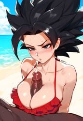 1boy 1girls ai_generated beach big_breasts black_eyes black_hair caulifla dark-skinned_male ded_173 dragon_ball interracial paizuri swimsuit