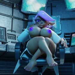 1girls 3d big_breasts breasts ebony elf_ears glasses hair_over_one_eye lagami looking_at_viewer nipples no_bra pink_hair purple_eyes purple_nipples short_hair solo splatoon_3 thighs