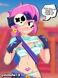 bra brawl_stars breasts eyepatch penny_(brawl_stars) pink_hair pubic_hair pulling_clothing speech_bubble