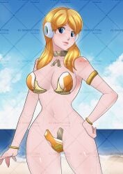 1girls alia beach_background big_breasts blonde_hair blue_eyes long_hair mega_man mega_man_x mega_man_x_dive nearly_nude robot_girl swimsuit